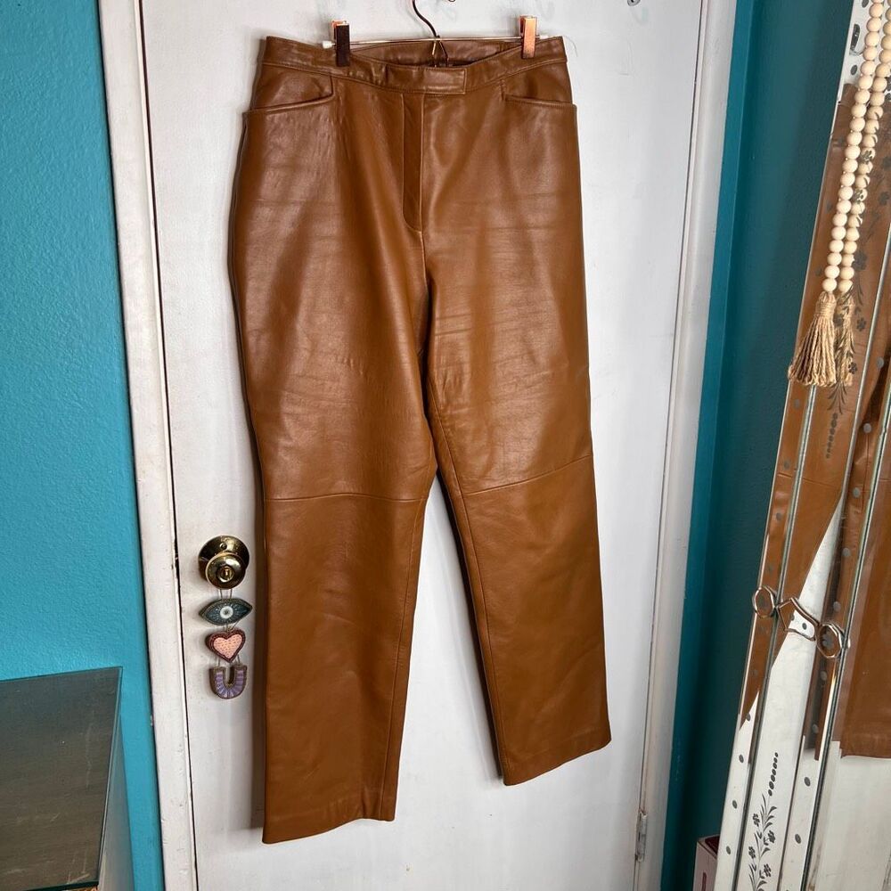 Nordstrom Cognac Brown Lambskin Leather Straight Leg Pants